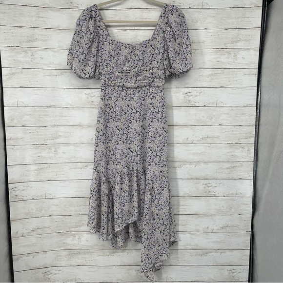 ASTR the label Micalela Floral Puff Sleeve Asymmetrical Midi Dress Size XS - Picture 5 of 16
